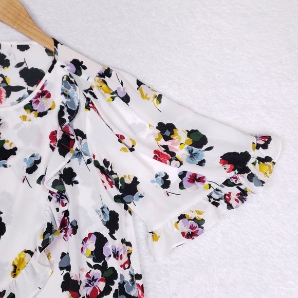 Ann Taylor Floral Top Size Small Ruffle Scoop Neck White Summer Bloom Coquette - Picture 3 of 8